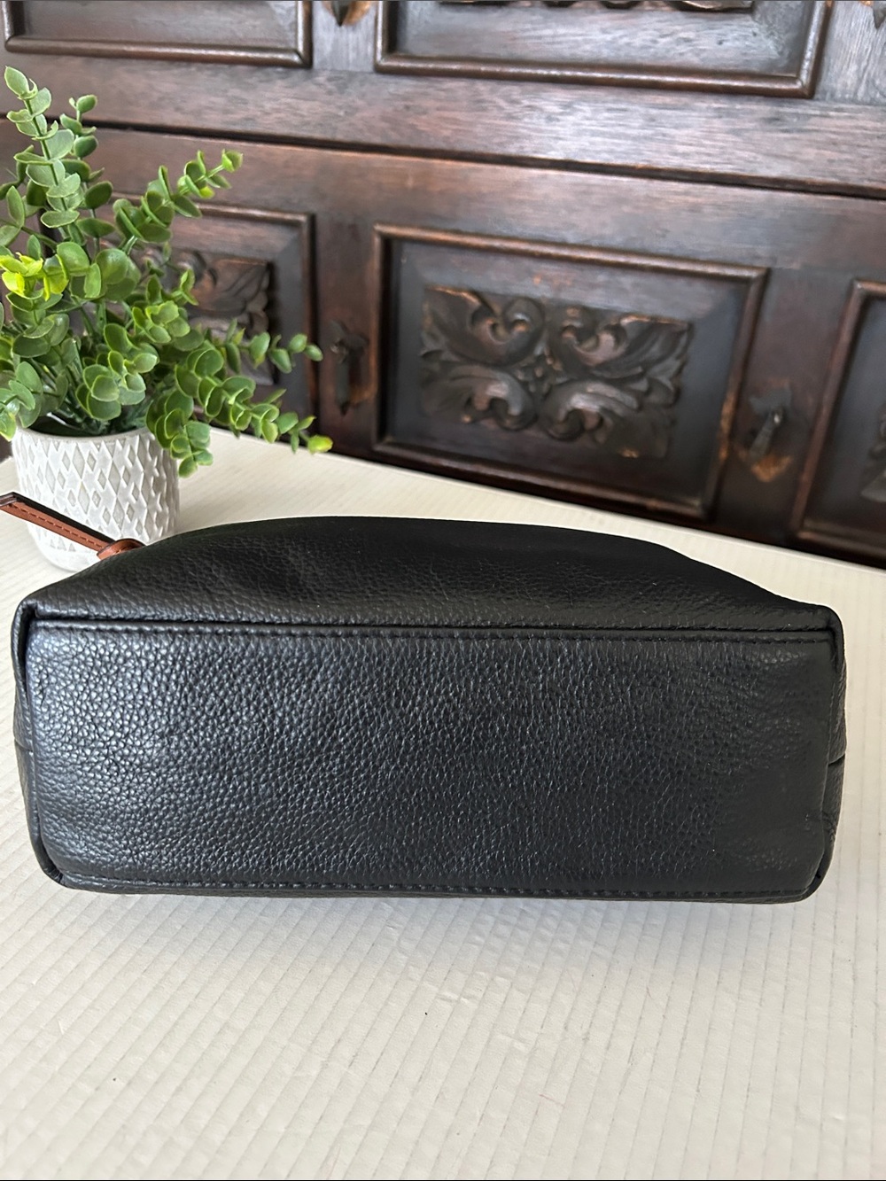 Black Leather Wristlet with Brown Strap - Picture 9 of 11